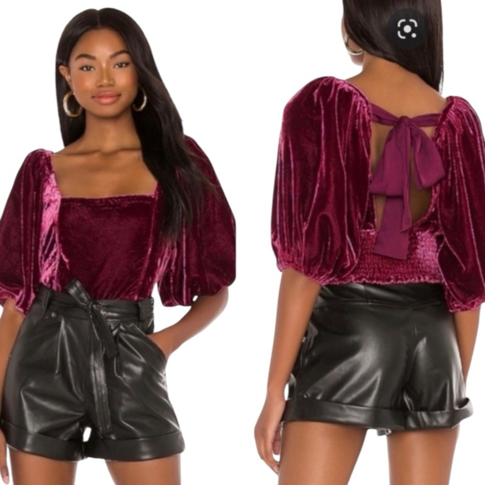 Free People Marie Velvet Puff Sleeve Crop Top Burgundy Open Back Tie Sz L